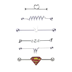 10-Piece Industrial Barbell Style Asscher Cut 316L Stainless Steel Body Jewelry Set