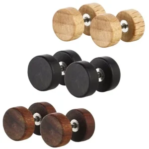 10MM 316L Stainless Steel Men Dumbbell Stud Earrings Unique Wooden Ear Studs