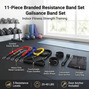 11 Piece Latex Elastic Resistance Band Set with Labels and Bag for Indoor Fitness and Exercise Model NBW tls002