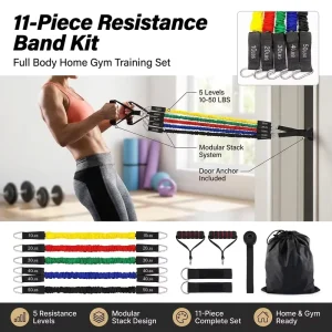 11 Piece Latex Resistance Band Set Handles 10 50 Lbs Resistance Levels for Indoor Fitness Exercise for Men Women Storage Bag