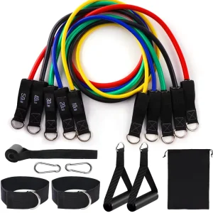 11-Piece Latex Tube Resistance Bands Set 10LB-50LB Home Gym Workout Exercise Equipment