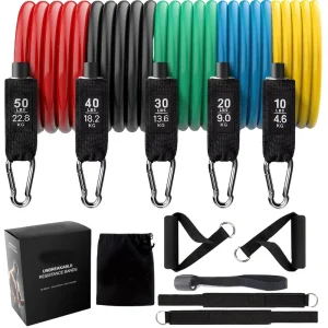 11-Piece Natural Latex Resistance Tube Band Set, Up to 50 lb, 1.2 m, Metal Clips