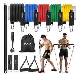 12-Piece Rubber Resistance Tube Band Set with Training Bar and Yoga Ropes