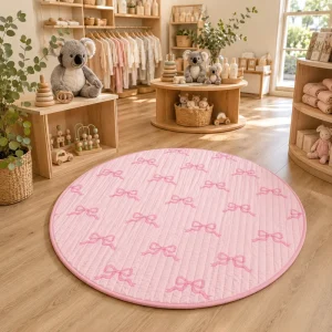 130x130CM Solid Linen Machine-Washable Round Infant Cotton Quilted Picnic and Crawling Play Mat for Kids