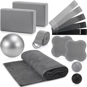 14-Piece Yoga Kit for Women Beginners Includes Towels Straps Knee Pads Resistance Loop Bands & Massage Lacrosse Ball