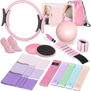 16-Piece Pilates Kit with Resistance Bands Ankle Weights Sliders Grip Socks Bag for Women’s Indoor Workout