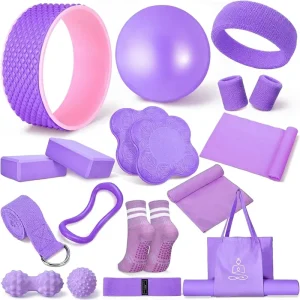 17-Piece Yoga Pilates Home Workout Starter Kit for Beginners with Yoga Wheel Resistance Bands Wrist Rings and Towel