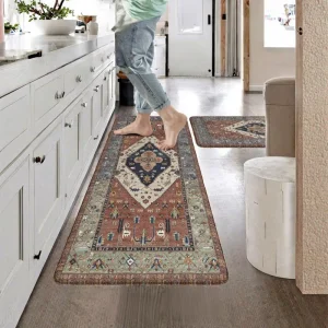 2-Piece PU Anti-Fatigue Waterproof Non-Slip Ergonomic Cushioned Kitchen Mat Set with Floral Pattern, Red