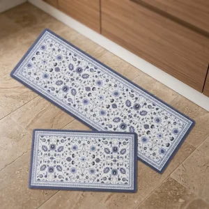2-Piece PU Anti-Fatigue Waterproof Non-Slip Kitchen Mat Set with Vintage Floral Pattern, 17 x 30 in