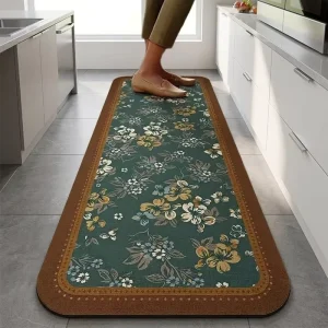2-Piece Waterproof Washable Rubber Kitchen Runner Mat Set with Floral Pattern, Anti-Fatigue Cushioned
