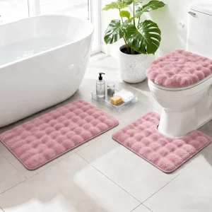 3-Piece Artificial Rabbit Fur Bathroom Floor Mat Set Soft Non-Slip Toilet Mats