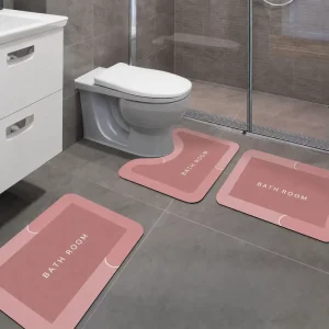 3-Piece Diatomite U-Shaped Bathroom Mat Set with Non-Slip Rubber Backing and Washable Faux Leather Surface