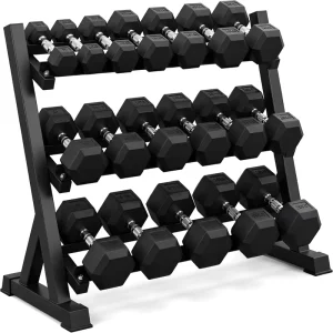 350 450 550 Lbs Rubber Hex Dumbbells with Rack Storage Coated Cast Iron Durable for Home Gym Strength Training