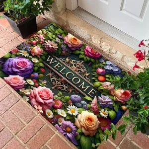 3D Flower Welcome Mat Victorian Style Rose Bouquet Printed Doormat Anti-Slip Rubber Back Entry Rug