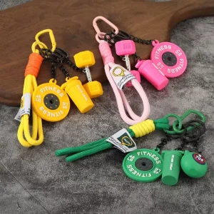 3D PVC Barbell Dumbbell Keychain with Braided Strap