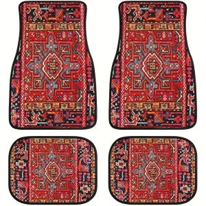4-Piece Ethnic Retro Print Automotive Floor Mats Easy-Wash All-Season Universal Carpets