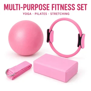 4-Piece Yoga Accessories Set with 25 cm PVC Pilates Circle, EVA Yoga Brick, and D-Ring Stretch Belt