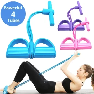 4-Tube Abdominal Waist Exerciser with Pull Rope Foot Pedal and Elastic Resistance Band