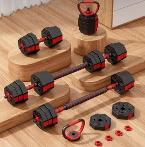 4-in-1 Adjustable Weight Dumbbell, Barbell and Kettlebell Set, 66lb