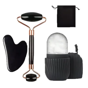 4-in-1 Facial Massage Set with Ice Cube Tray Portable Ice Roller and Gua Sha Board
