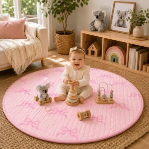 47”X47” Pure Linen Quilted Infant Cotton Round Foldable Cushioning Baby Crawling Mat for Kids