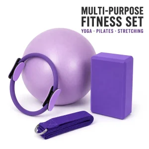 4PC Custom Logo Yoga Workout Accessories Kit: 25cm PVC Pilates Ring, Pilates Ball, EVA Foam Brick, D-Ring Stretch Belt