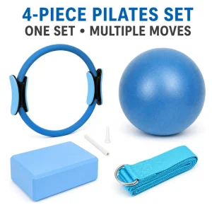 4PC Pilates Core Training Set with 25cm Fitness Ring, Exercise Ball, EVA Foam Yoga Block and D-Ring Stretch Belt