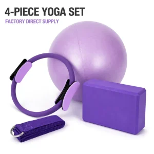 4PC Pilates Home Exercise Set with 25cm Magic Circle, Mini PVC Stability Ball, EVA Yoga Brick, and Non-Elastic D-Ring Strap