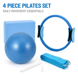 4PC Pilates Strength Training Set with 25cm PVC Magic Ring Soft Ball EVA Exercise Block and D Ring Stretch Strap Factory Supply