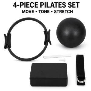 4PC Yoga Exercise Equipment Set with Magic Circle, Mini Pilates Ball, Foam Yoga Block, and D Ring Yoga Strap