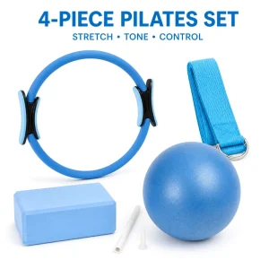 4PC Yoga Pilates Accessories Set with 25cm Magic Circle, Mini Pilates Ball, EVA Foam Block and D-Ring Stretch Strap
