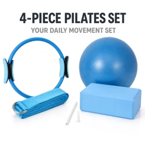 4PC Yoga Pilates Exercise Set with 25cm Magic Ring, Small Pilates Ball, EVA Foam Block and D-Ring Yoga Strap