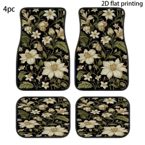4PCS Universal Fit Car Floor Liners Stain Resistant Non Slip Retro Cream Floral Print Mats