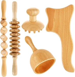 5-in-1 Wooden Therapy Massage Tool Set, Gua Sha Tool, Lymphatic Drainage Massager and Anti-Cellulite Roller