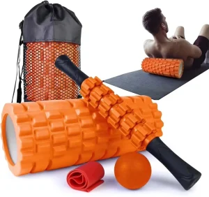 6-in-1 Yoga Foam Roller Set with Resistance Band, Massage Stick and Ball, EVA PVC Rubber ABS Material