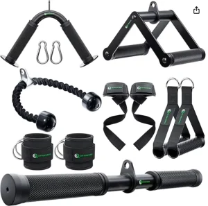 7-Piece Hollow Steel Cable Attachment Set: V Bar, Tricep Rope, D Handle, Ankle Strap and Rotating Bar