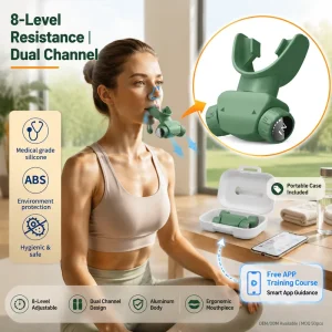 8-Level Resistive Breathing Trainer Aluminum Body Dual-Channel Lung Capacity Exerciser with Case and APP Support