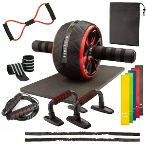 Ab Workout Set with Push-Up Stand, Ab Wheel, Mini Mat, Resistance Band, Jump Rope and Hand Gripper