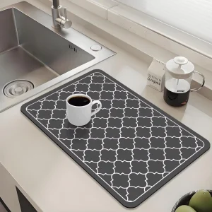 Absorbent Washable Floral Diatom Mat with Cushioned Rubber Bottom for Kitchen Counter or Dish Drying