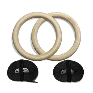 Adjustable 32mm Wooden Gym Rings with Nylon Straps for Home Workout