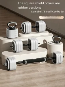 Adjustable 4-in-1 Home Gym Set with Non-Roll Square Coated Weight Plates Dumbbell Barbell Kettlebell and Push-Up Stand