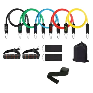 Adjustable 5-Level 10-30 lb Latex Resistance Exercise Bands Tube Set, 11-Piece, Non-Slip