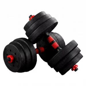 Adjustable Cement Dumbbell Set, Red, Spin-Lock Collar