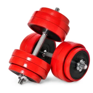 Adjustable Dumbbell Set with Metal Chrome Bar and Red Weight Plates for Home Gym Strength Training OEM Factory