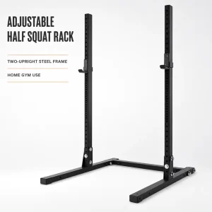 Adjustable Half Squat Rack with Barbell and Weight Plate Holder, Dip Bar Stand, and Bench Press
