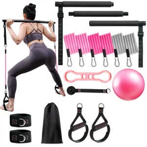 Adjustable Pilates Bar Kit with 3 Resistance Bands, Multifunctional Portable Exercise Equipment for Women, Home Gym and Yoga
