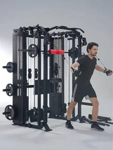All-in-One Smith Machine Home Gym Trainer 180-Degree Slide Track Linear Bearing Safety Guard 24-Level Height-Adjustable Power Rack