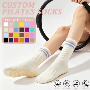 Athletic Cotton Crew Socks for Women, Non-Slip, Yoga Pilates, Knitted Striped Print