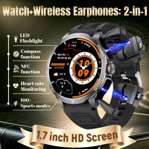 BWGT200 Smart Watch with Earbuds LED Flashlight Dial Calling Compass Fitness Tracker for Android and iOS