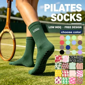 Ballet Grip Socks with Crew Length, Print, and Embroidery for Yoga, Pilates, and Athletic Use
